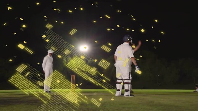 Bowler releasing ball triggers sports overlay tracking ball batsman scoring fielder diving to stop