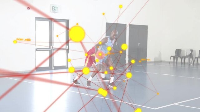 Basketball players probing defense aiming rim after pickup, overlay nodes mapping defense pressure