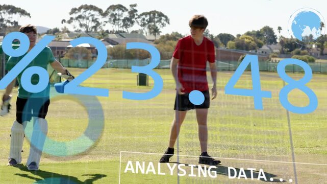 Sports players cheering wicket, moving stumps while blue data overlays showing percent over players