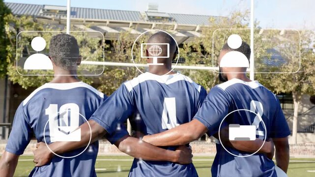 Three players linking on turf, UI showing, animating avatars, condensing and fading, mapping sports