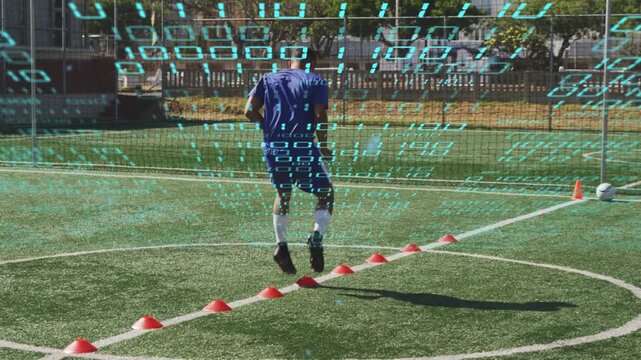 Man starting at cones, doing soccer agility drill, hopping sideways while teal grid tracking motion
