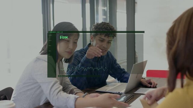 Finance team reviewing, man pointing laptop starting $120K HUD chart, she passing cards for signoff