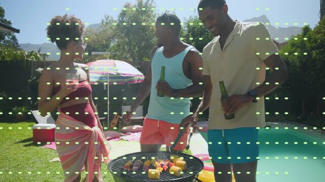 Tall man tending grill picking tongs and causing animated food labels near skewers showing doneness