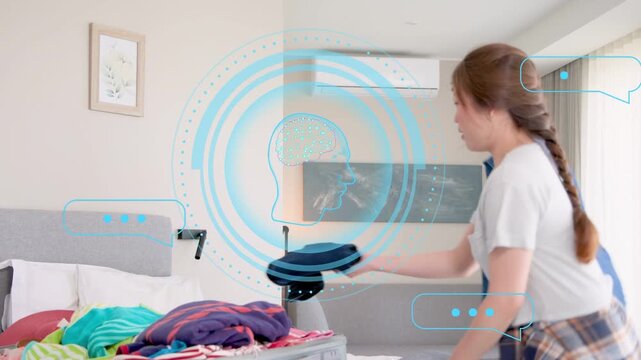 Smartphone tap initiating two women packing suitcase on bed for travel, HUD overlaying brain icon
