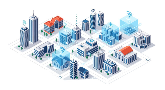 Minimalist isometric depiction of a smart city network, illustrating advanced urban technology, seamless digital connectivity, and futuristic infrastructure development