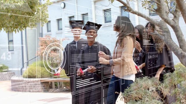 Five grads walking campus path as mentor joining, touching, holding diplomas, HUD obscuring faces