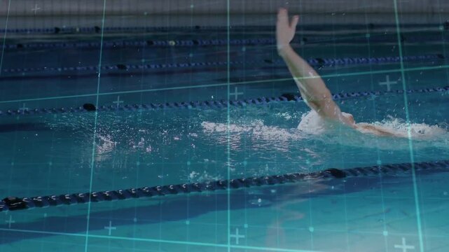 Vertical video: Swimmer doing backstroke, hand exiting causing grid tracing stroke for sports