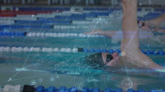 Arm entering and starting backstroke for swimmer pulling kicking HUD showing sync partner training