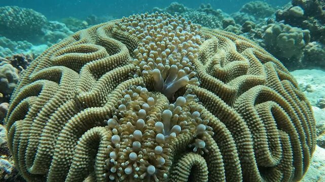 Close-up of brain coral polyp expansion underwater in tropical reef ecosystem png. ai generated coral reef