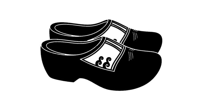 Vector illustration of traditional dutch wooden clogs, iconic footwear of the netherlands, black and white vector illustration on a transparent background