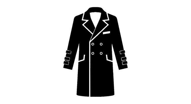 Vector illustration of double breasted coat icon, black silhouette of a formal overcoat with sleeve details on a transparent background