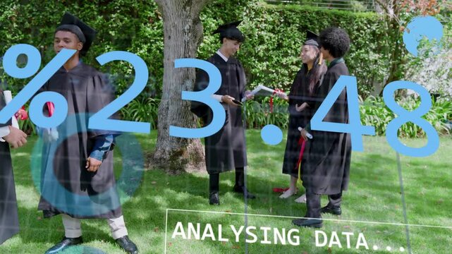 HUD appearing, analysing grad data, grads celebrating diplomas on lawn while blue bars overlapping