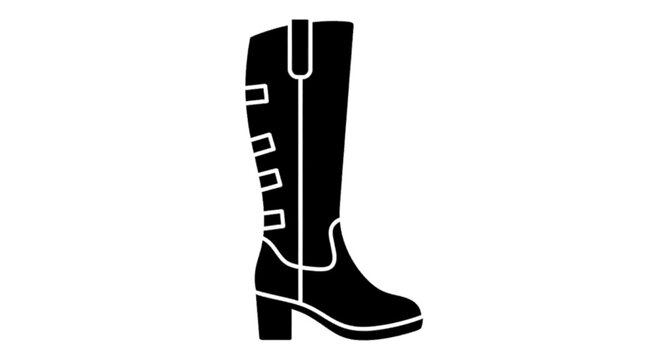 Vector illustration of black silhouette icon of a tall womens boot with buckles on the side on a transparent background