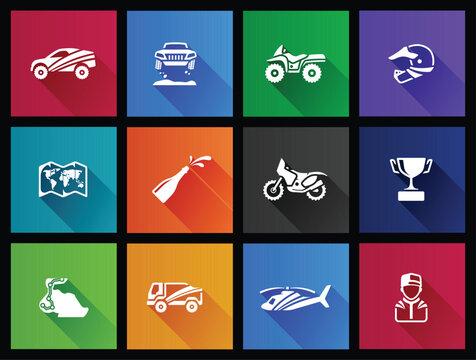 Rally related icons in long shadows color style