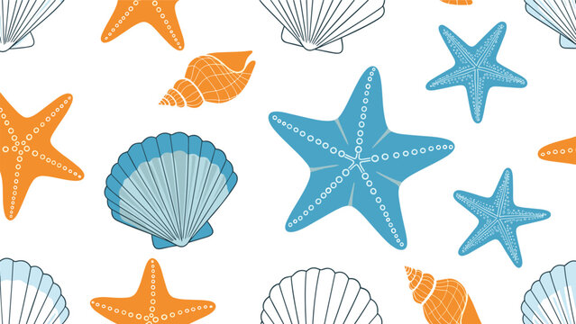 Seamless summer beach pattern with hand drawn blue and orange starfish and seashells on a clean white background for textile design.
