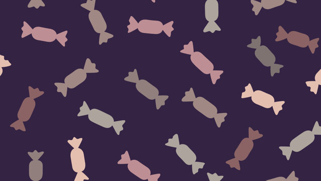 Seamless pattern of small wrapped candies in muted pink and brown shades scattered on a dark purple background.