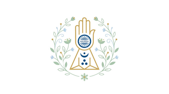 Jain Ahimsa Symbol Hand Emblem with Floral Wreath and Crescent Moon representing peace and non-violence in a spiritual and cultural context