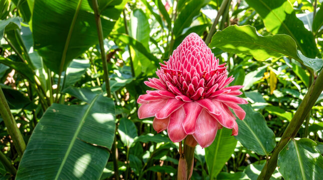 Vibrant pink Torch Ginger flower blooming in bright tropical garden