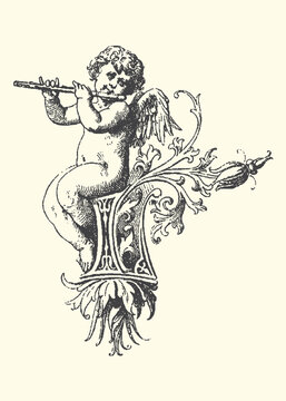 Cherub playing flute on ornate letter i with mythology mythical alphabet instrument illustration decorative traditional classical engraving monochrome symbolic stylized decoration