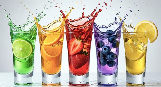 Five shot glasses aligned with colorful fruit liquors, lime orange strawberry blueberry and lemon splashing above, dynamic motion and clean copy space, ideal for social media and ads.