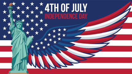 A patriotic illustration featuring the Statue of Liberty and a majestic wing over the American flag to celebrate 4th of July Independence Day. © rama coloring studio