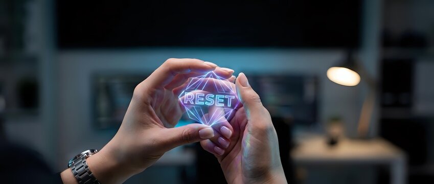 Hands holding glowing holographic reset button in modern office environment for technology and digital transformation concepts.
