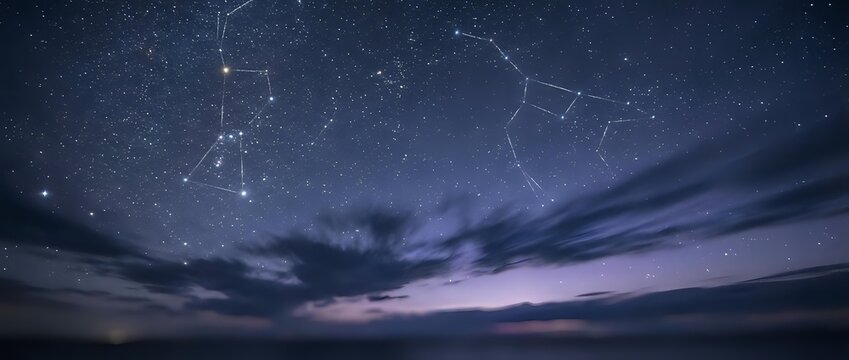 Night sky with constellation patterns and stars over dramatic cloudy horizon at twilight for astronomy and celestial navigation educational content.
