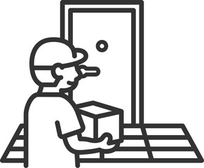 玄関先で荷物を届ける、宅配業者のアイコン（線画）のイラスト © R-DESIGN
