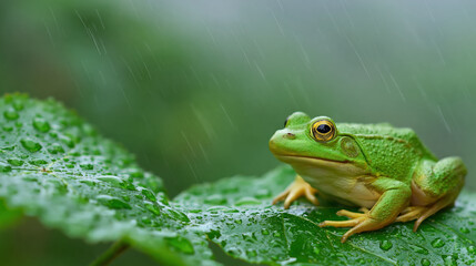 Obraz premium Vibrant green frog rests peacefully on lush, wet leaf, captured in detailed macro shot reflecting tranquil nature after gentle rain