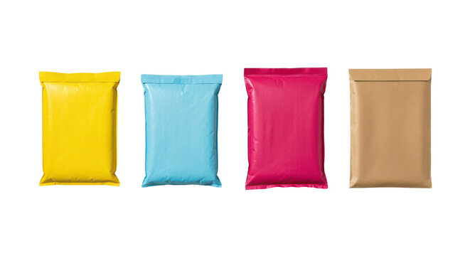 Set of colorful padded shipping envelopes isolated on transparent background