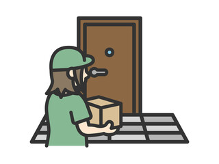 玄関先で荷物を届ける、女性の宅配業者のアイコン（線画カラー）のイラスト © R-DESIGN