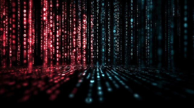 Digital Data Stream: The image presents a mesmerizing display of binary code cascading downwards, bathed in a blend of red and blue hues, creating a digital stream of data in motion.