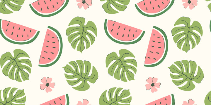 Watermelon pattern with monstera leaves
