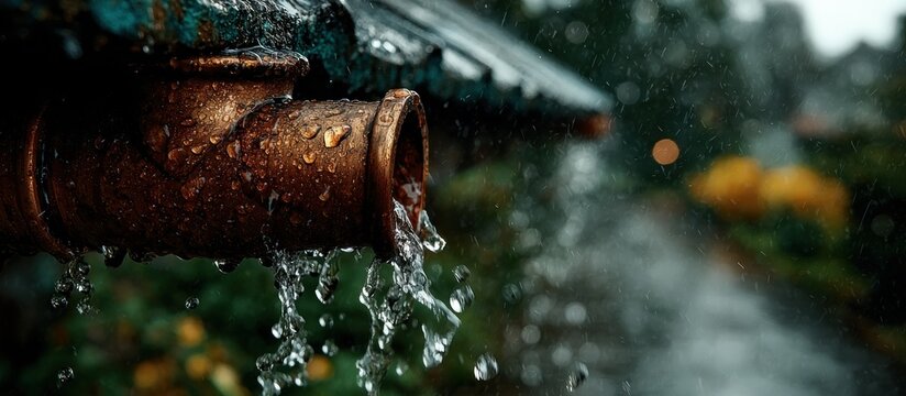 Copper rain gutter with water pouring out in heavy downpour