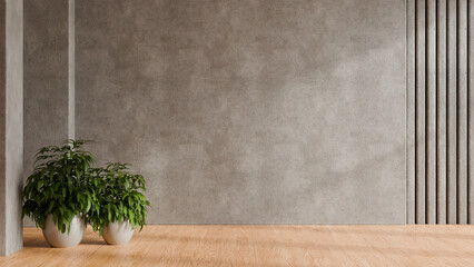 Naklejka premium Empty modern interior room mockup with concrete wall background wooden floor and potted plants for design presentation- 3D rendering