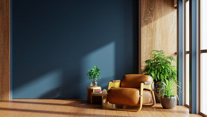 Modern cozy living room interior design with brown leather armchair blue wall mockup and sunlight- 3D rendering