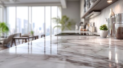 Fototapeta premium Marble Countertop: A sleek, light-filled kitchen showcases an elegant marble countertop, highlighting the natural beauty and luxurious texture of the stone.