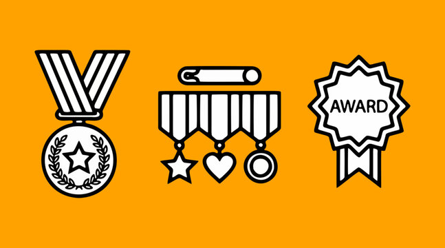 Collection of stylized vector graphic illustrations representing achievement and recognition symbols including medals and awards