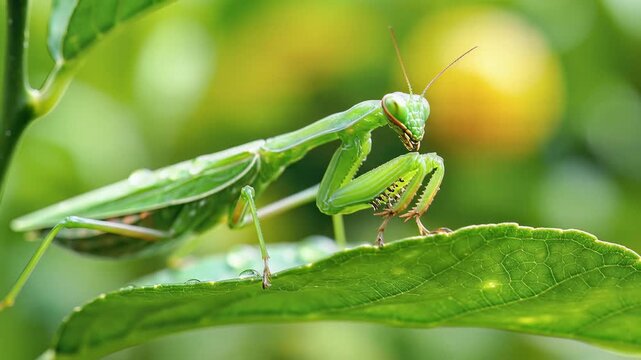 Close up of a green praying mantis on a leaf with blurred background.