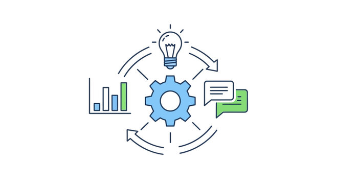 Conceptual illustration of business process with gears charts and ideas