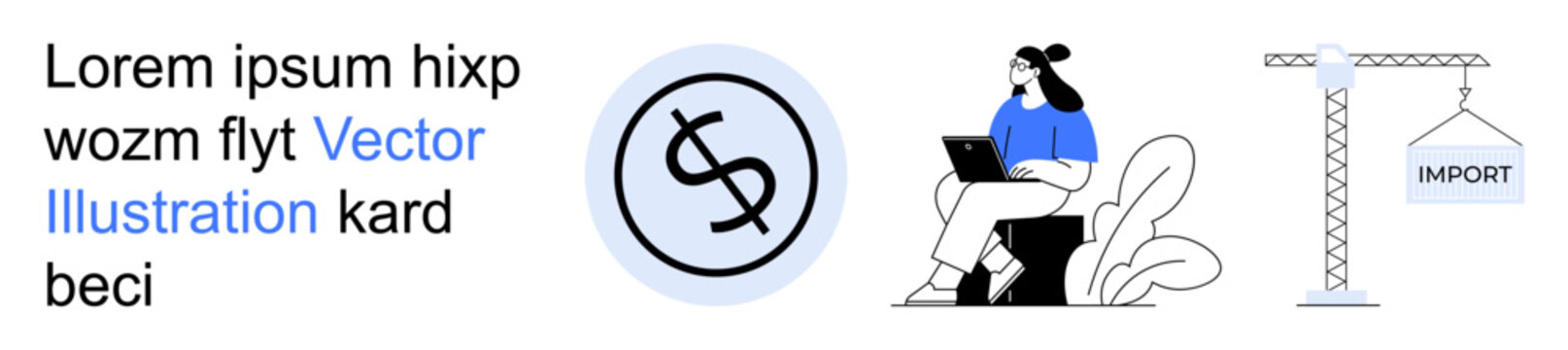 Trade, logistics, global economy, import-export, economic structure, international business. Businesswoman seated with laptop, dollar symbol and crane loading import. Trade and logistics concepts
