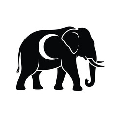 Fototapeta premium Stylized black silhouette of an elephant with a crescent moon