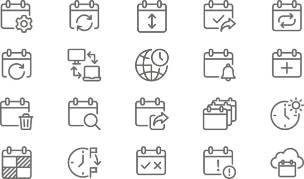 A set of thin line icons representing various calendar and time management functions for digital planning interfaces