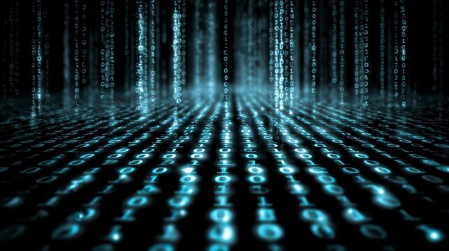 Digital Cascade: Abstract illustration featuring binary code cascading in rows, symbolizing information flow and technology.