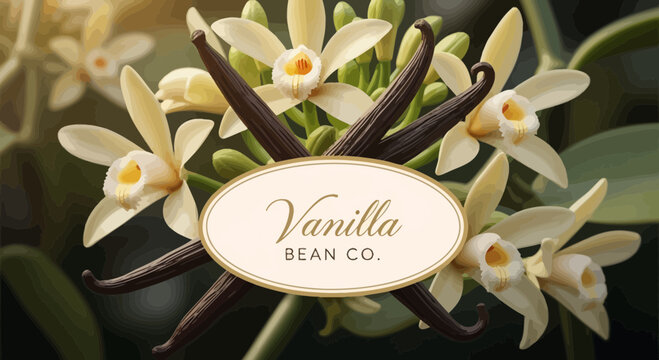Close up of vanilla bean pods and blossoms on a green background