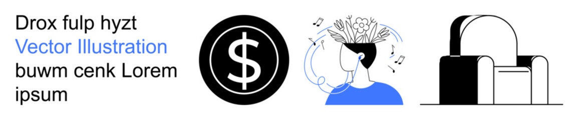 Fototapeta premium Finance, creativity, architecture, mental focus, music, imagination. A dollar sign symbol, person listening to music imaginative thinking and geometric object. Finance and creativity connection