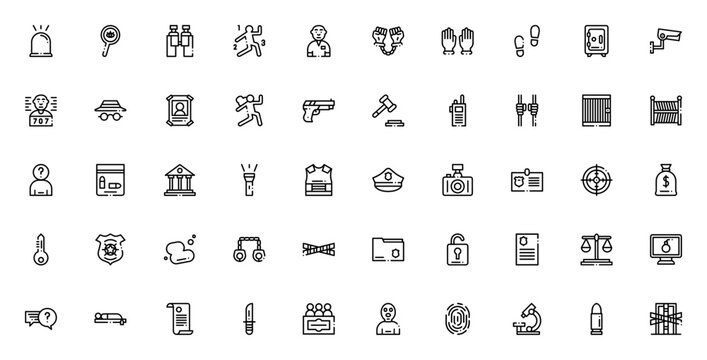 Crime investigation icon set. Police and detective vector symbols. Includes siren, handcuffs, fingerprints, evidence, gun, suspect and more. Editable line icons.