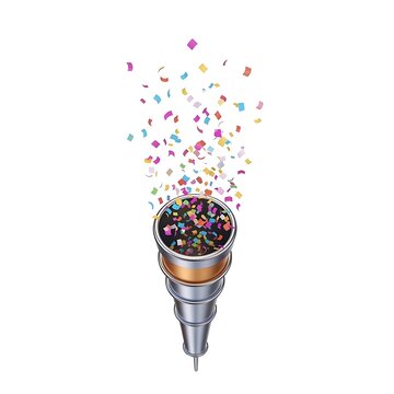 Confetti explodes from a silver and gold party popper on a white background suddenly.