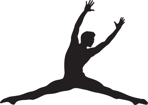 Dynamic dancer silhouette, jumping figure, black vector icon, athletic pose, dance illustration