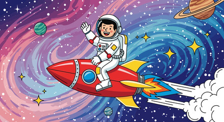 Fototapeta premium Astronaut in spacesuit rides rocket through colorful galaxy with planets